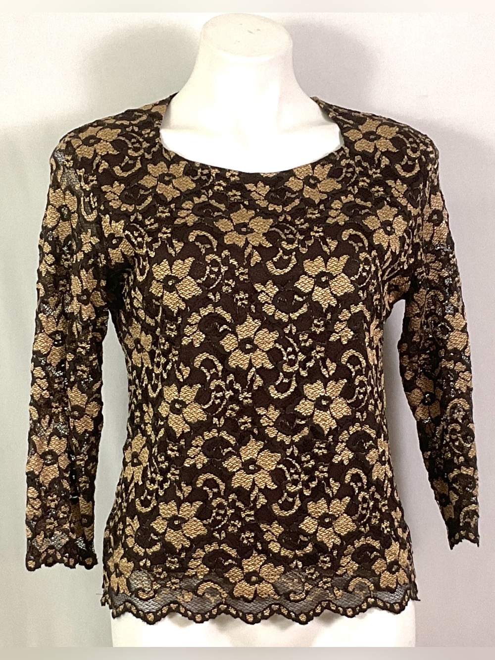 Andria Lieu-chocolate brown lace with gold floral top – size L